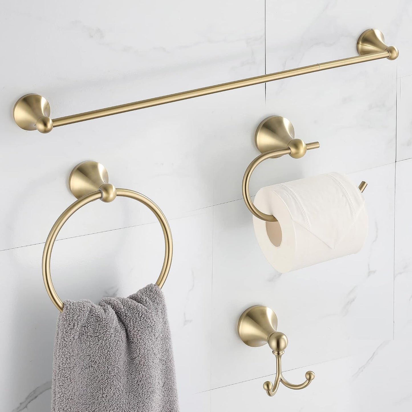 4 Piece Gold Bathroom Hardware Set - Brushed Gold Bathroom Accessories, 23.6 Inch Towel Bar | Towel Hook | Toilet Paper