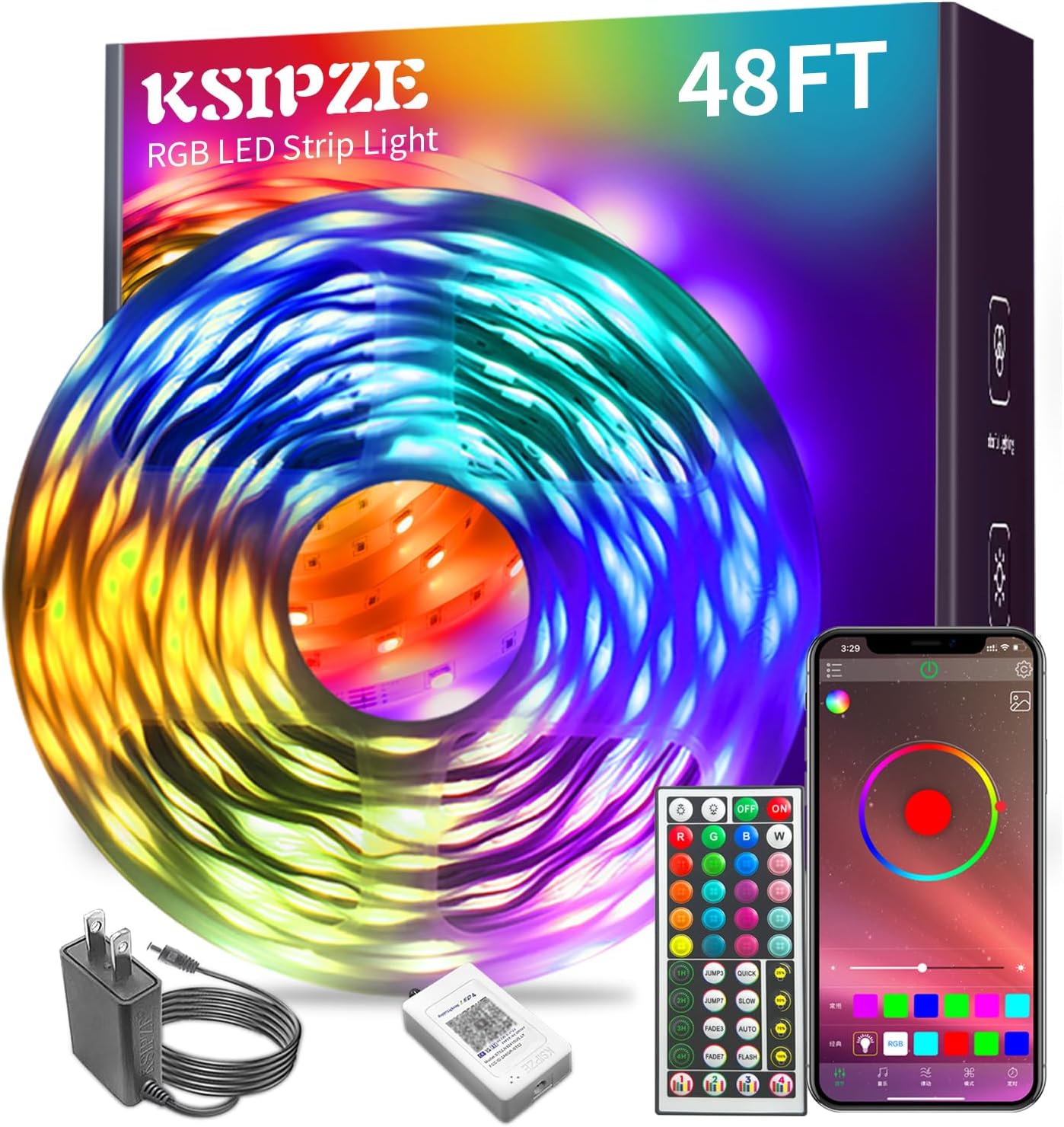 KSIPZE Led Lights for Bedroom 48ft Led Strip Lights with Remote RGB Color Changing Music Sync Bluetooth Smart App