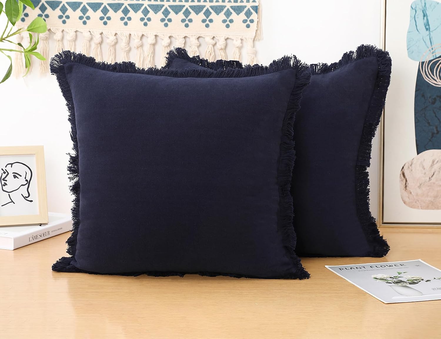 Natural Linen Fringed Throw Pillow Covers / Navy Blue / 18 x 18 / Set of 2