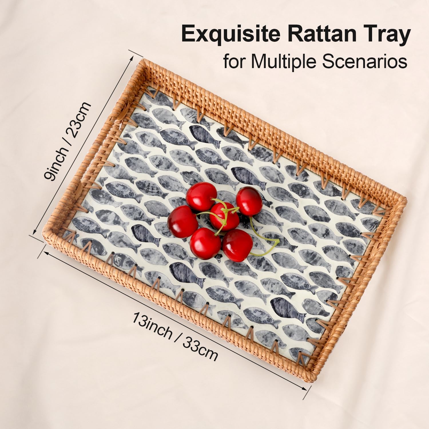 Rattan Serving Tray / Dark Blue Fish