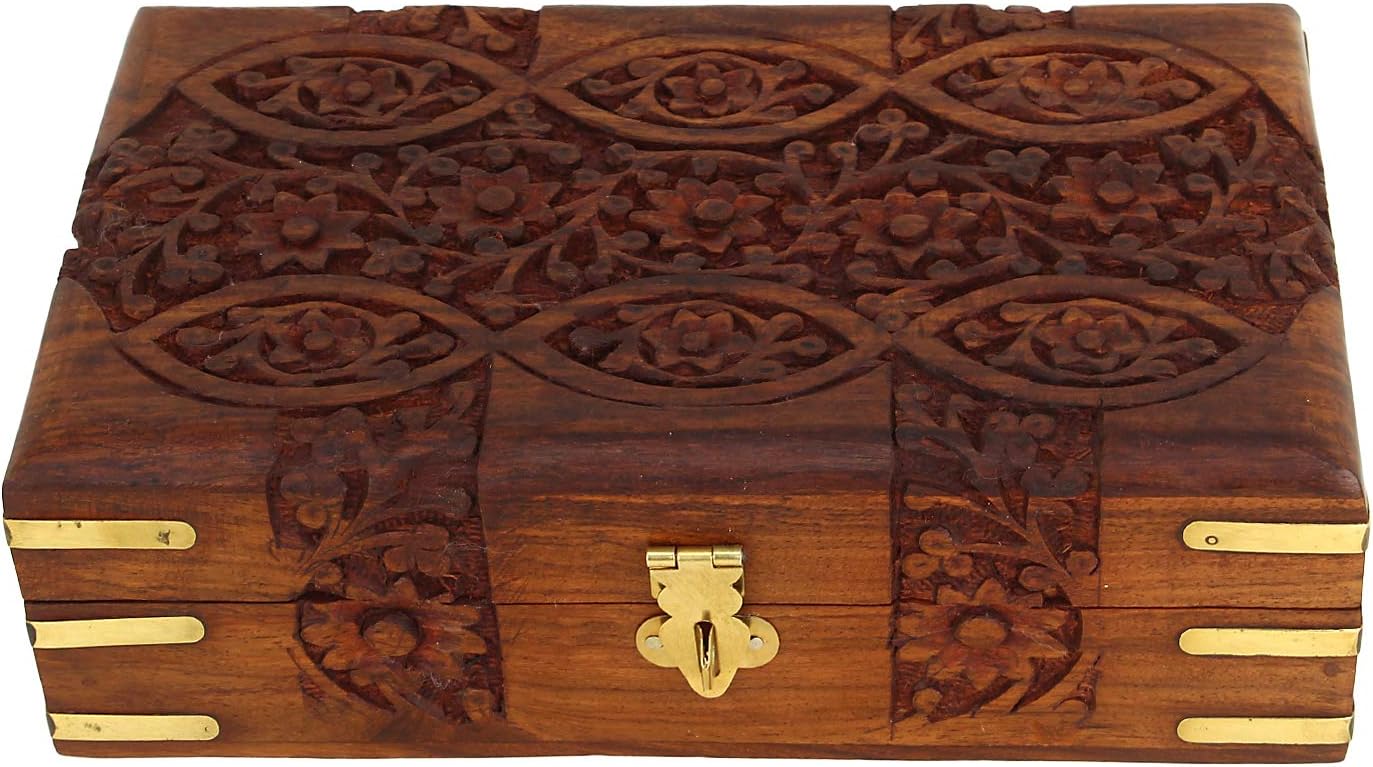 Handcarved Treasure Chest Wooden Decorative Jewelry Storage Box Eye Floral Design / 8 x 5