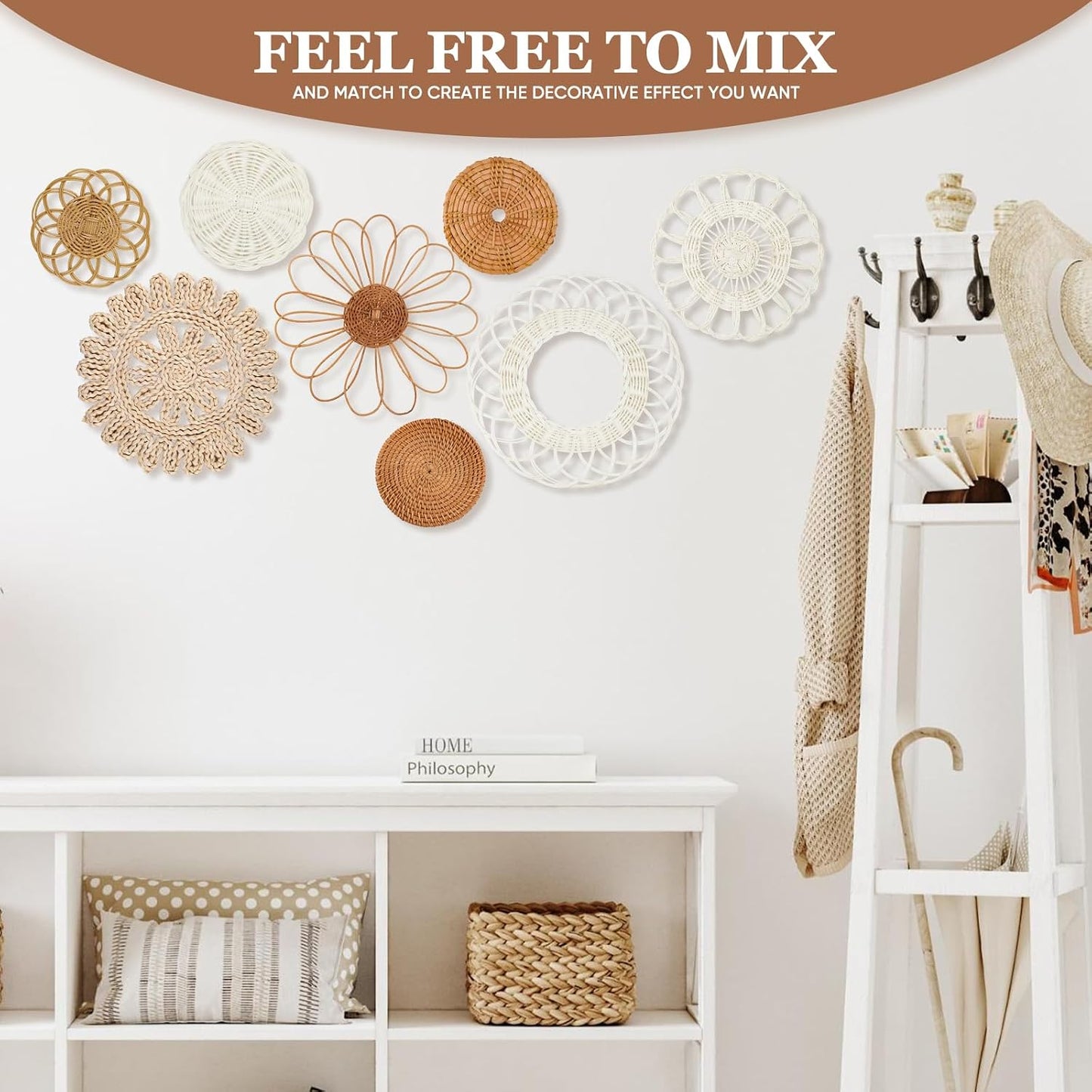 Boho Wall Basket Decor / Classic Rattan / Set of 8