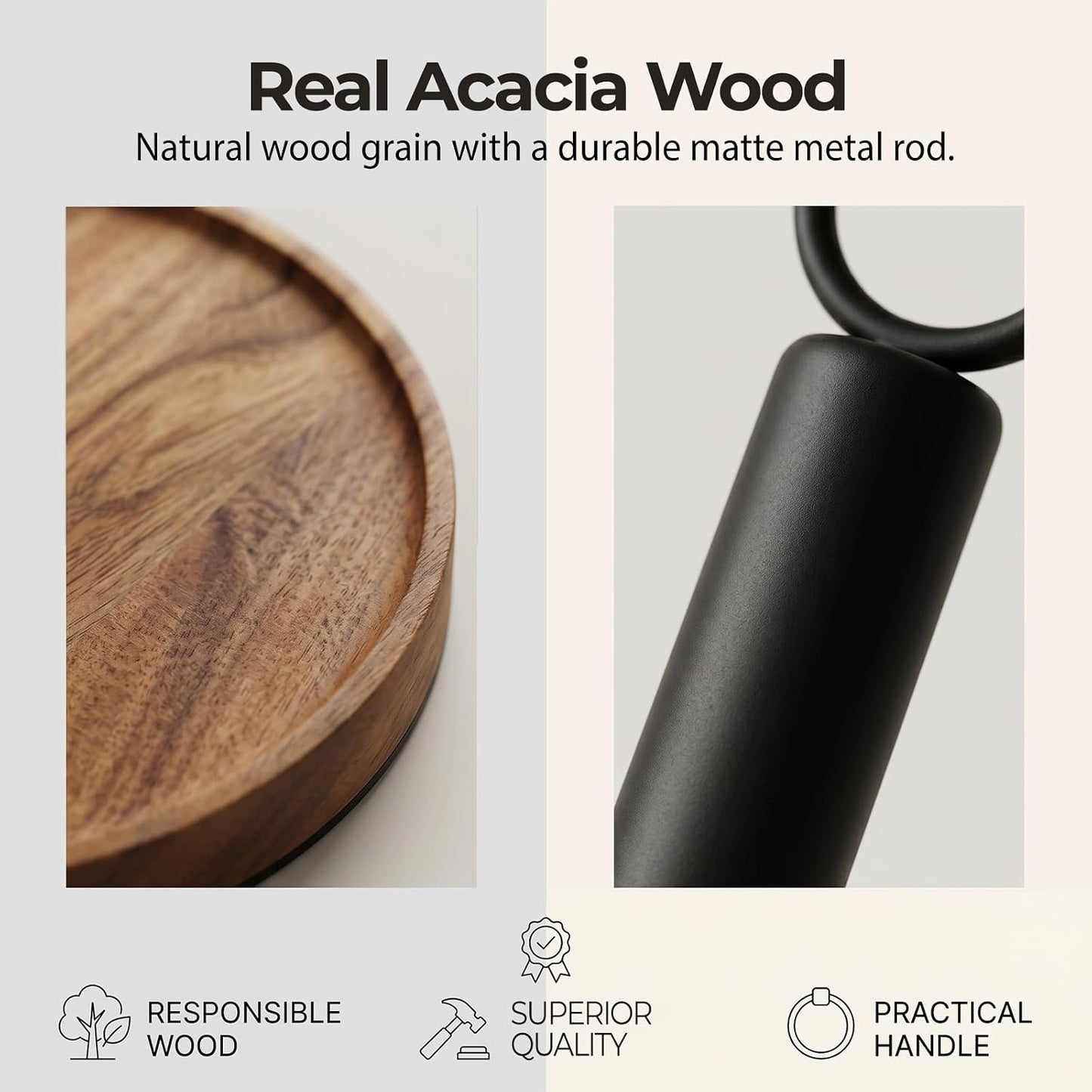 WILDMOS Paper Towel Holder Countertop, Solid Acacia Wood with Thick Metal Base, Black Freestanding Paper Towel Holder