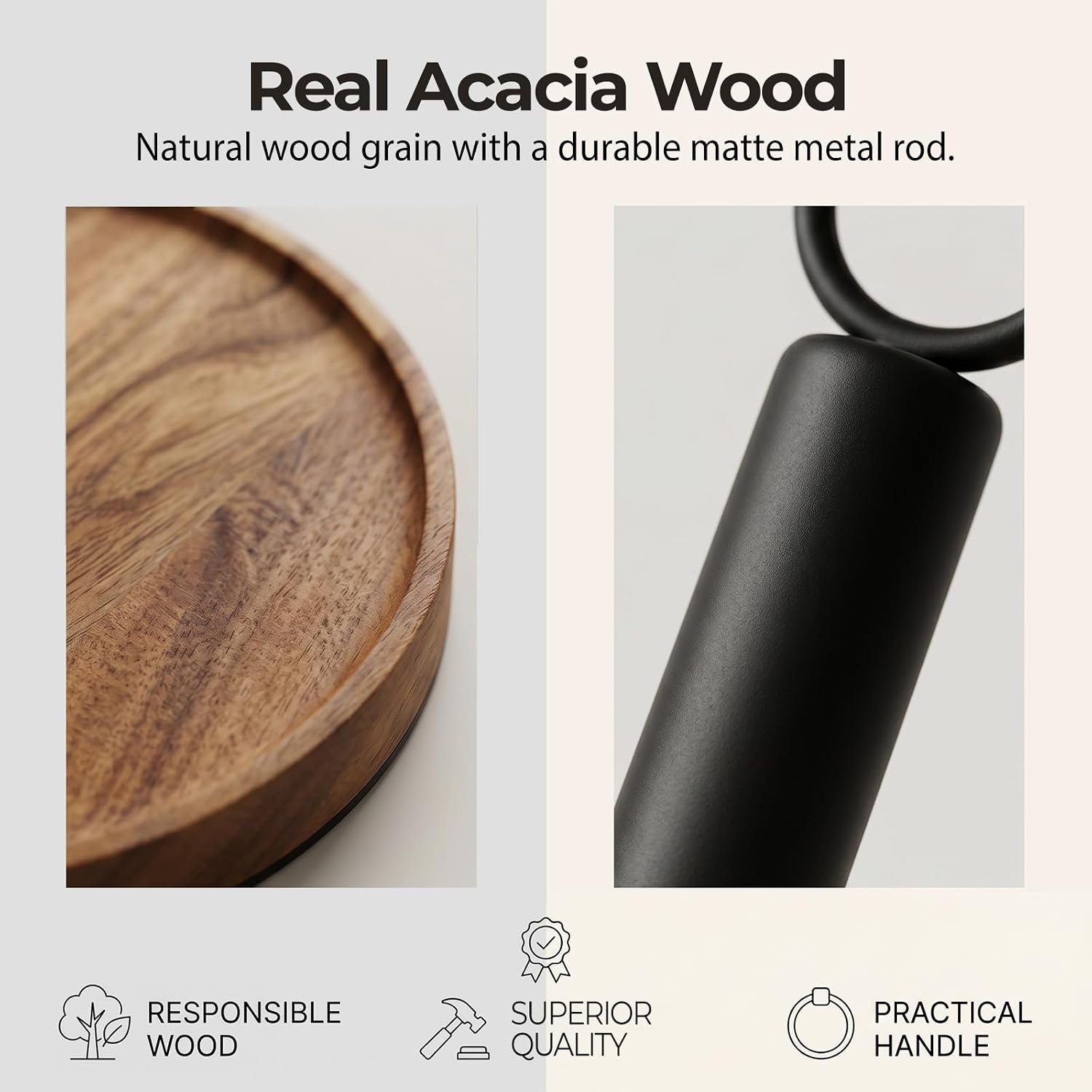 WILDMOS Paper Towel Holder Countertop, Solid Acacia Wood with Thick Metal Base, Black Freestanding Paper Towel Holder