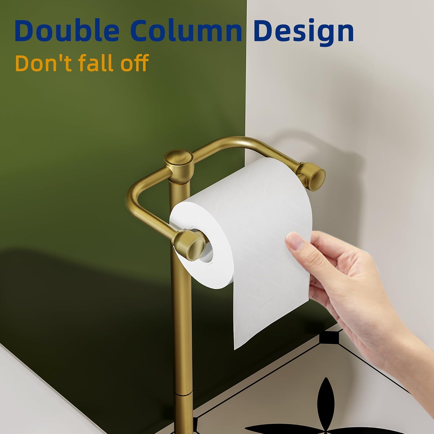 RUACQ Bathroom Toilet Paper Holder Stand, Brushed Gold | Dual-Post Pivoting Free Standing Toilet Roll Holder with