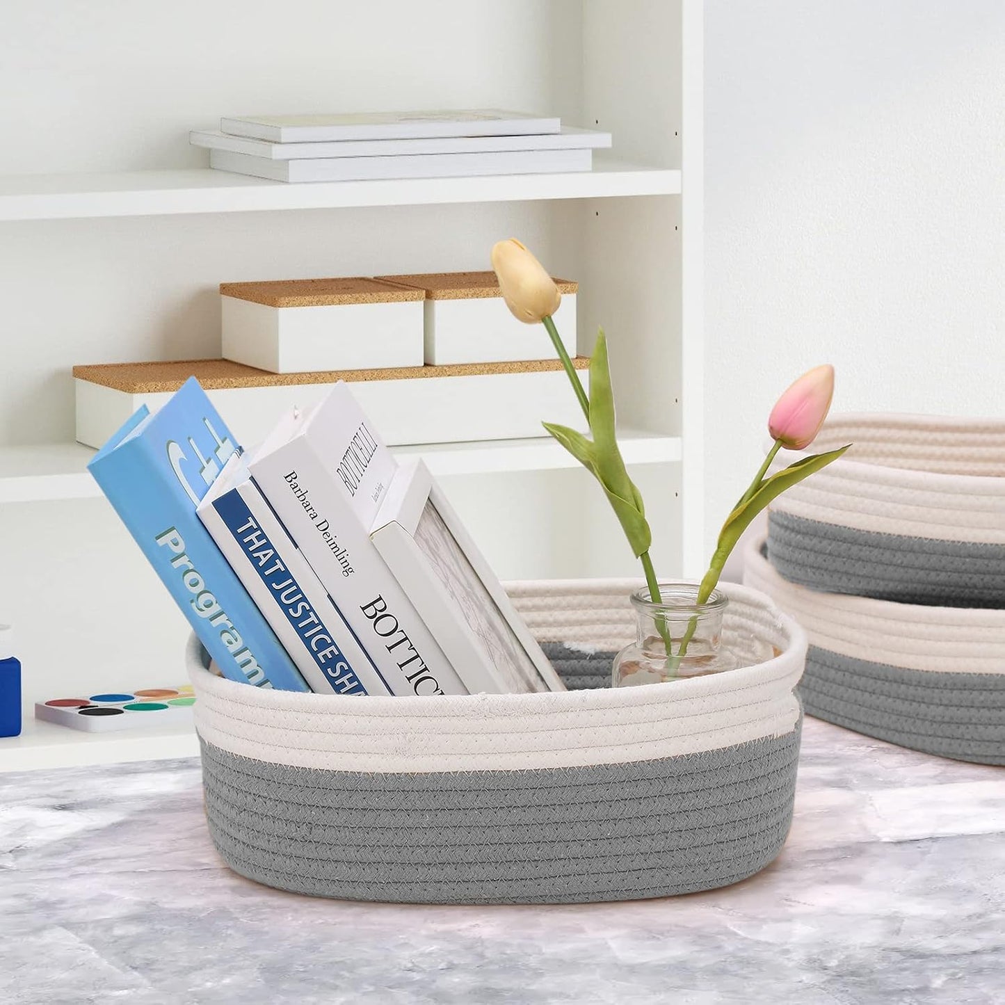 7 Piece Cotton Rope Woven Basket Set / OFF WHITE & GRAY