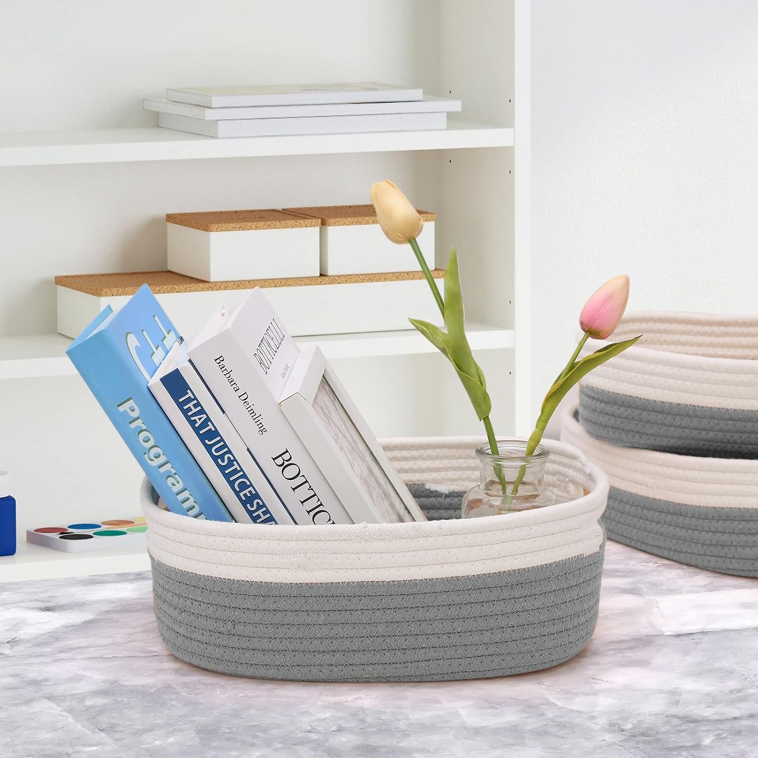 7 Piece Cotton Rope Woven Basket Set / OFF WHITE & GRAY