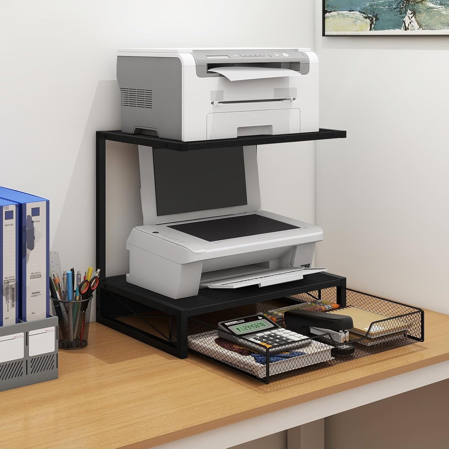 ELITEROO 2-Tier Printer Shelf with Drawers, Wooden Desk Shelf for Printer | Small Printers Shelf for Office Supplies
