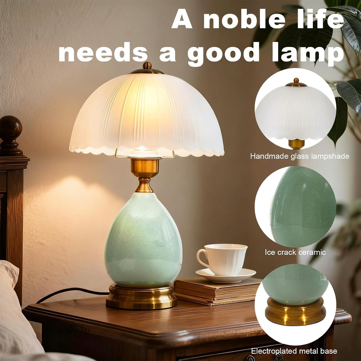 Ceramic Retro Table Lamp, Vintage, 15", Chinoiserie Green Glass | Traditional Design, For Living Room, Bedside