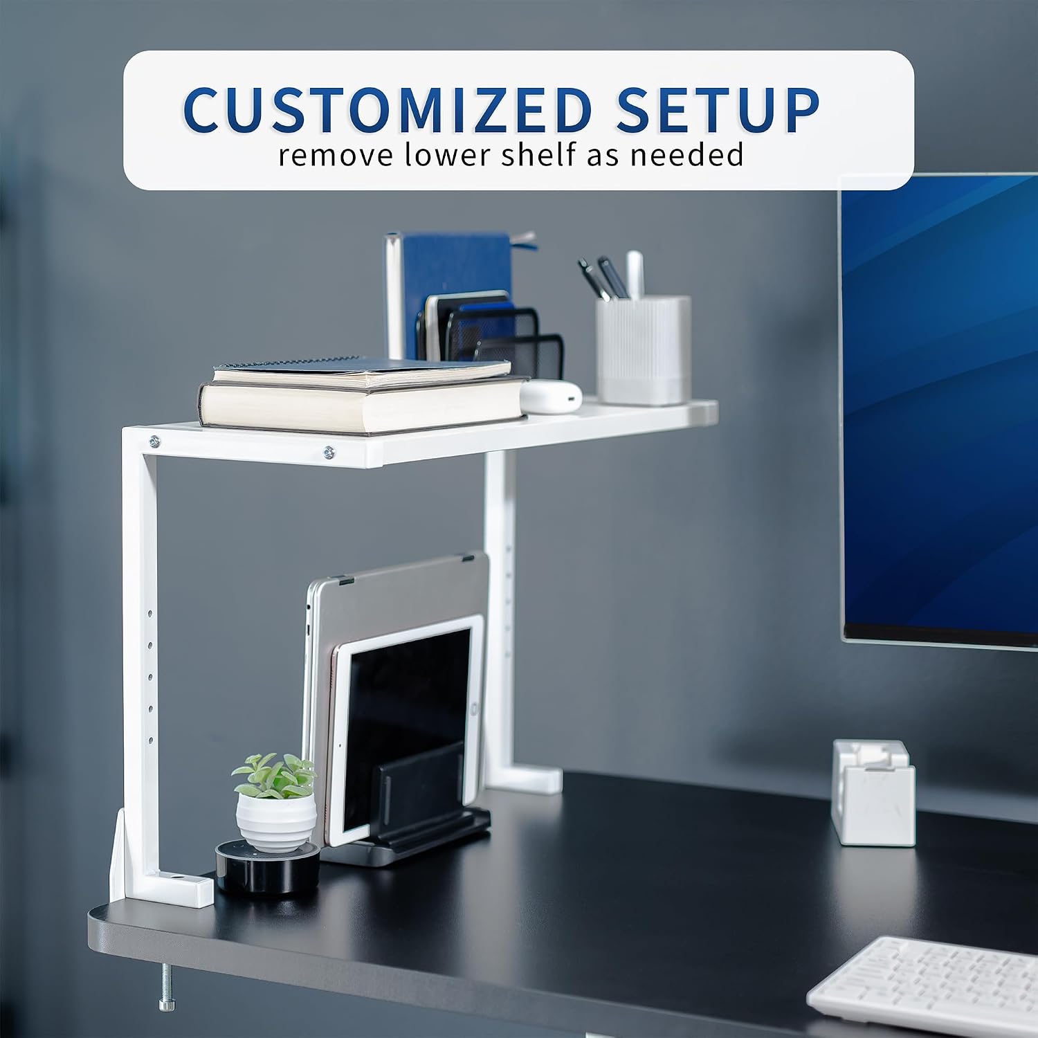 VIVO White Clamp-on 24 inch 2-Tier Desk Shelf, STAND-SHELF24C-W | Above or Below Desk, 2 Level Shelving Unit for Table