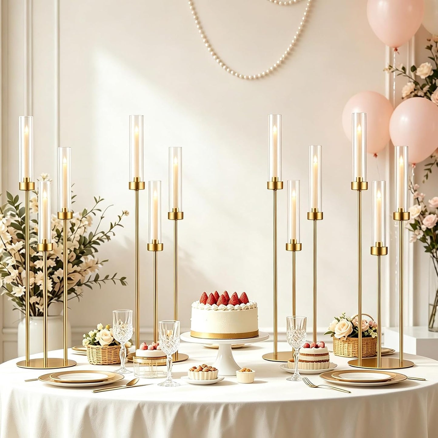 4PCS Gold 3-Arm Candelabra Centerpiece for Table 33.8in Metal | Candle Holder with Acrylic Lampshade,Fits LED Taper