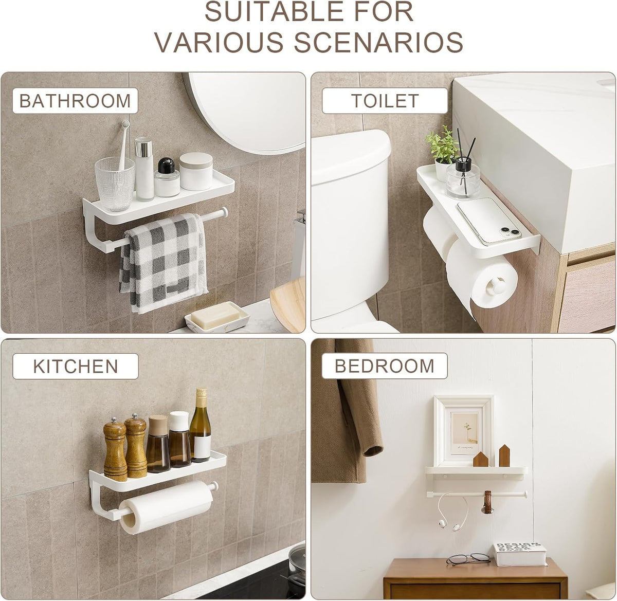 Paper Towel Holder Wall Mount with Shelf, Bathroom/Kitchen Paper Towel Holder, Effortless One-Handed Tear, Rust-Proof
