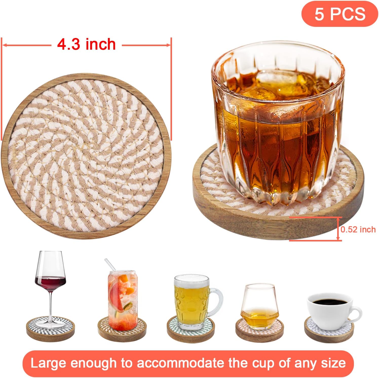 Wooden Drink Protection / #2 Colorful / 4.3 Inch / Set of 5