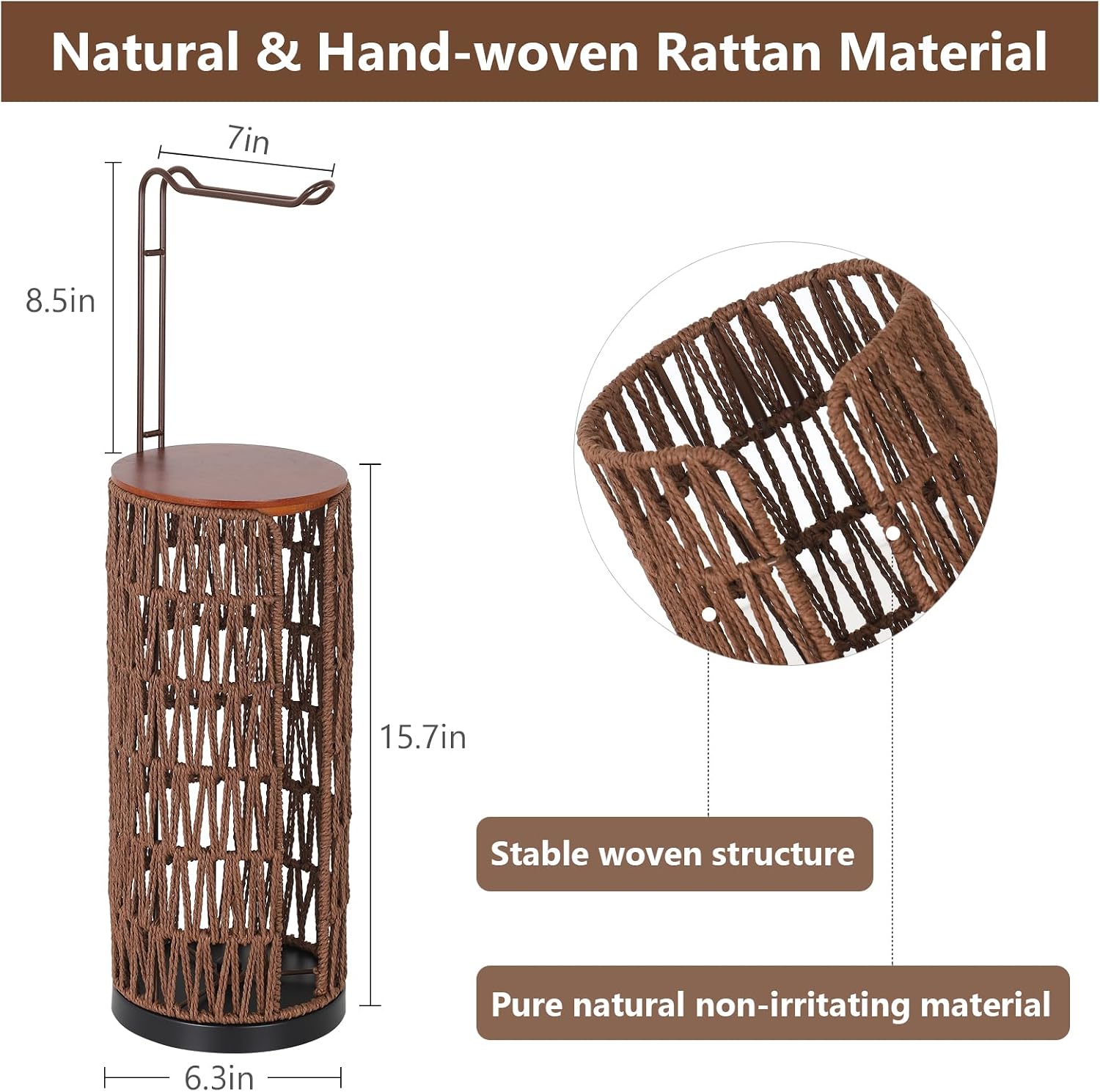 Freestanding Toilet Paper Holder with Storage,3 Rolls of Rattan Tissue Holder for Bathroom,Woven Toilet Paper Roll