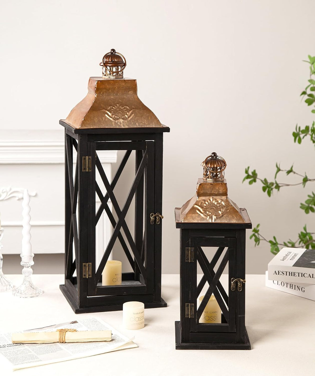 Large Farmhouse Wooden Lanterns with Metal Top, Decorative Floor Lanterns Set of 2, Black Frame with Rustic Gold