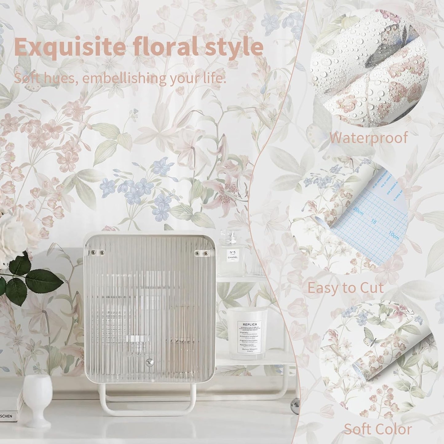 Floral Wallpaper Pink Peel and Stick Wallpaper White Boho Contact Paper / Flutter Pink / 17.3 x 197