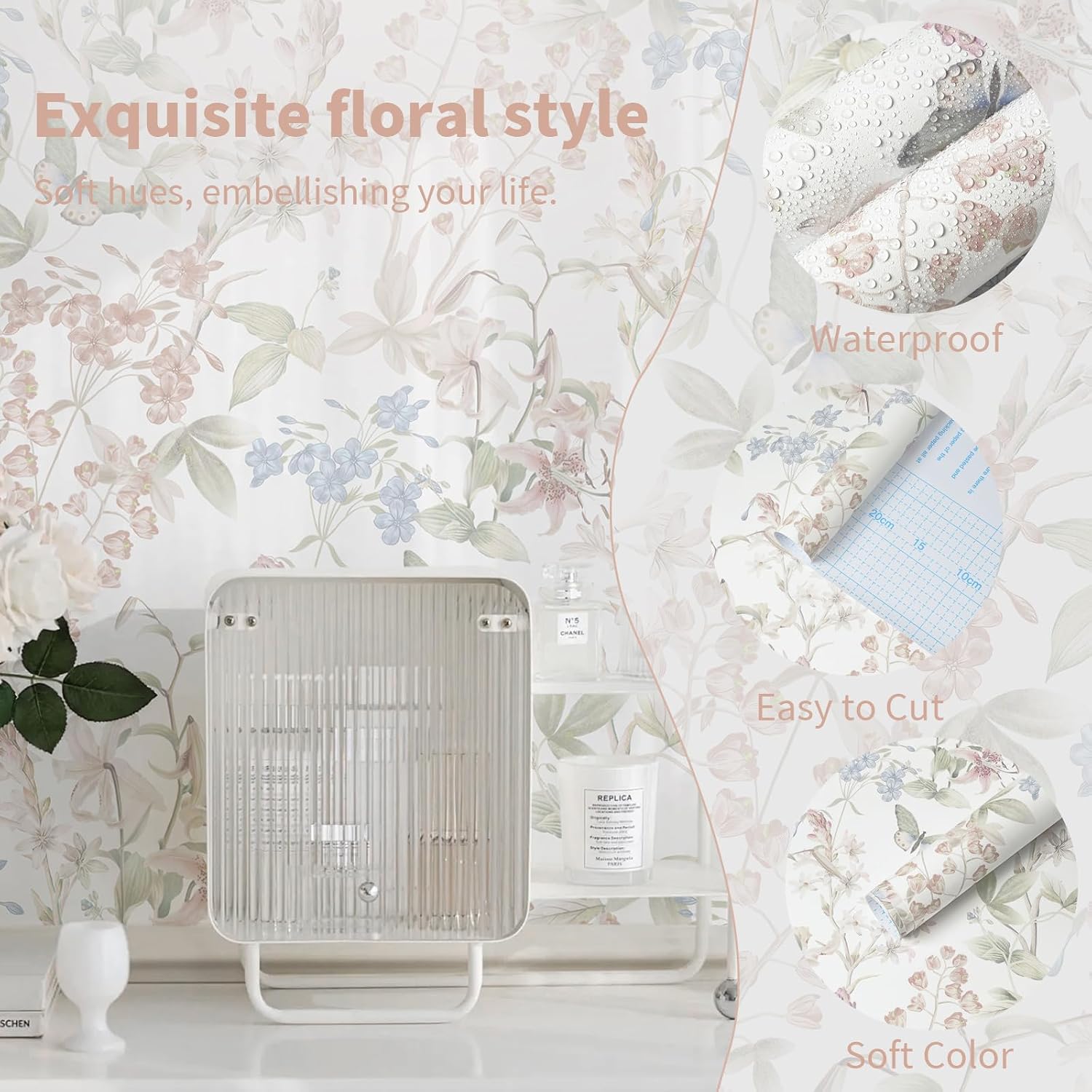 Floral Wallpaper Pink Peel and Stick Wallpaper White Boho Contact Paper / Flutter Pink / 17.3 x 197
