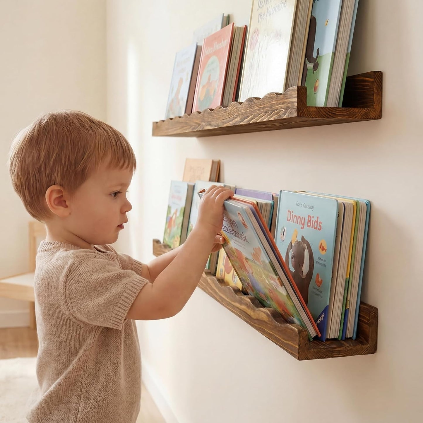 Fun Memories Picture Ledge Shelf for Wall, 24 inch Pine Wood Nursery Book Shelves Set of 2- Wall Book Shelves for Kids