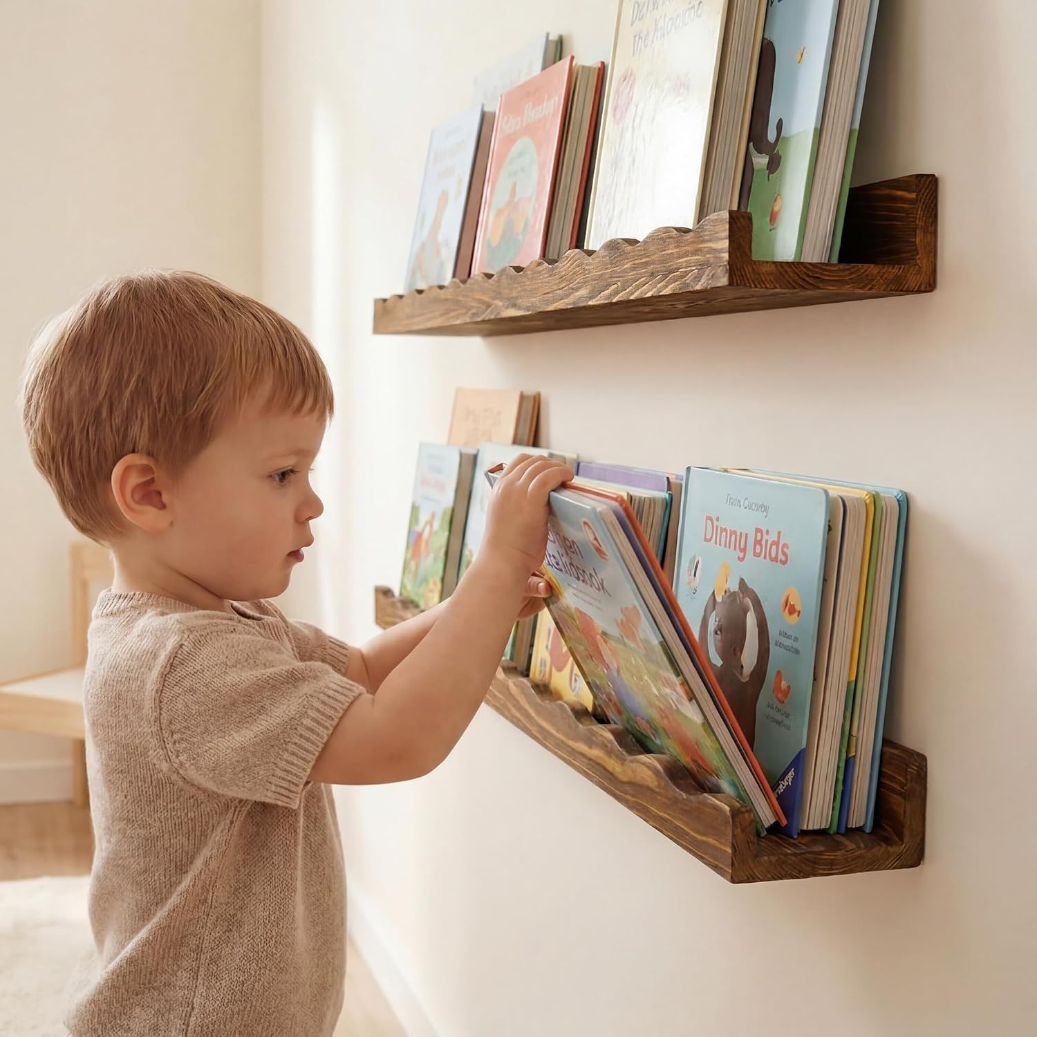 Fun Memories Picture Ledge Shelf for Wall, 24 inch Pine Wood Nursery Book Shelves Set of 2- Wall Book Shelves for Kids