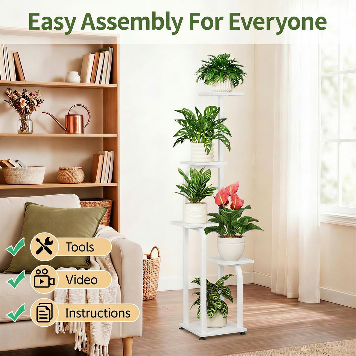 LASZOLA Plant Stand Shelf Tall for Indoor Corner Flower Rack, 5 Tier White | Modern Multiple Display with Wooden Tray