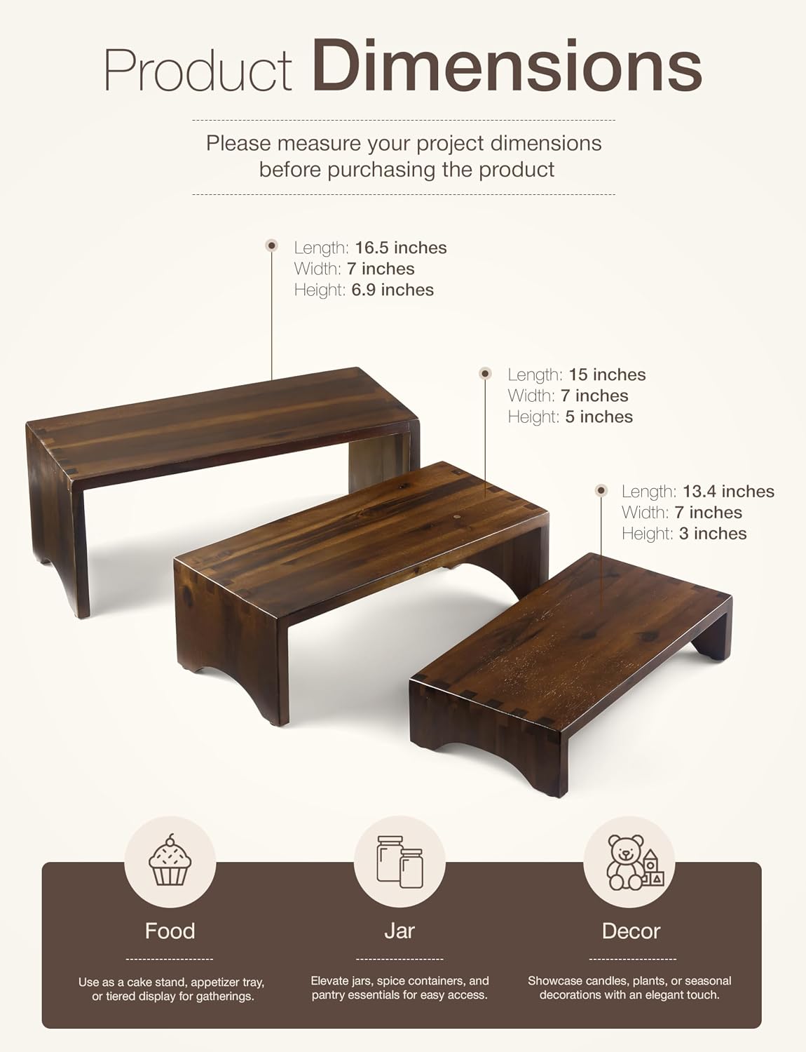 Tidita Wooden 3 Tier Cupcake Stand with Non-Slip Pads (Walnut Color) | Set of 3 Size ,Solid Acacia Wood, No Assembly