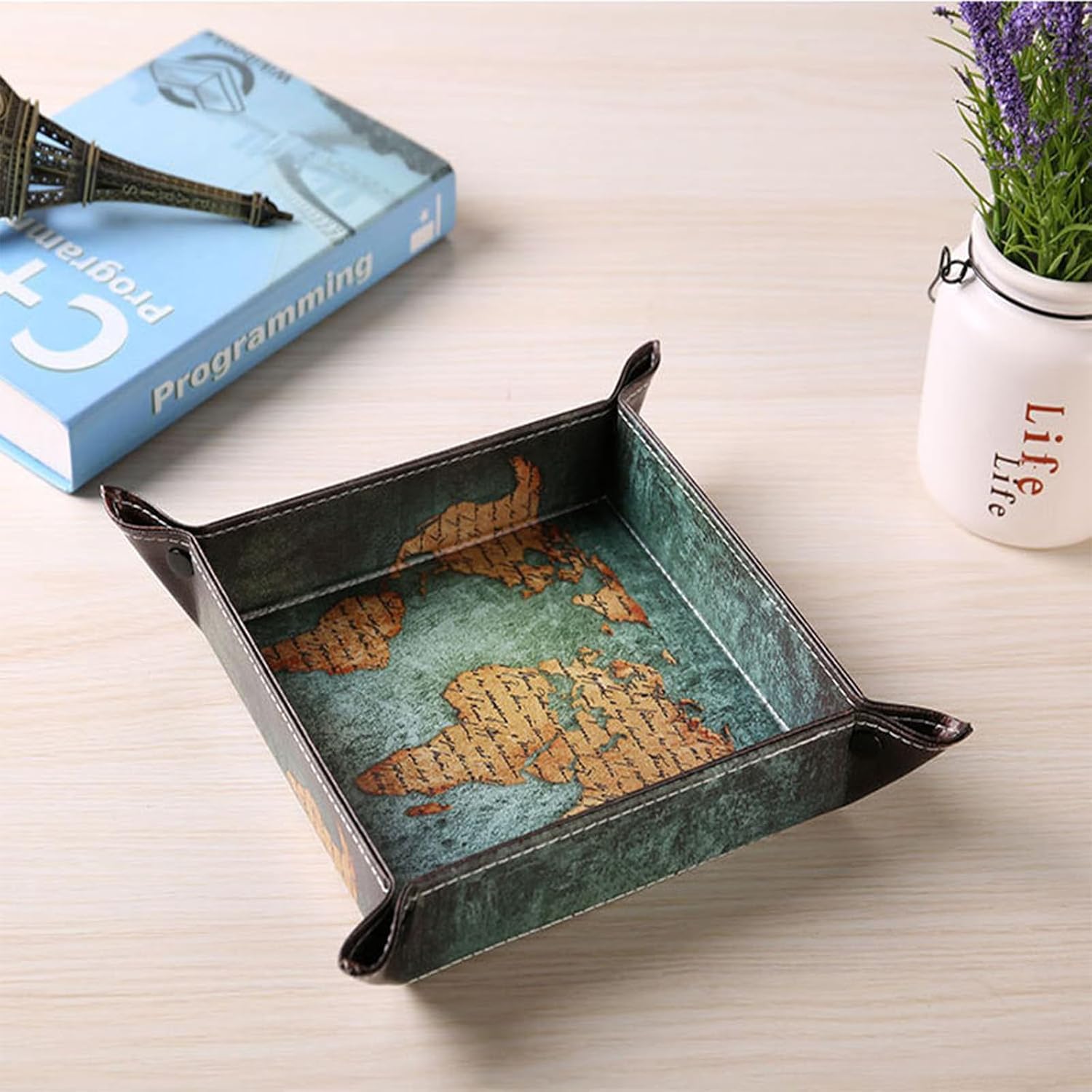 Vegan Leather Catchall Bedside Vanity Tray Nightstand Caddy Holder for Remote / Map Design