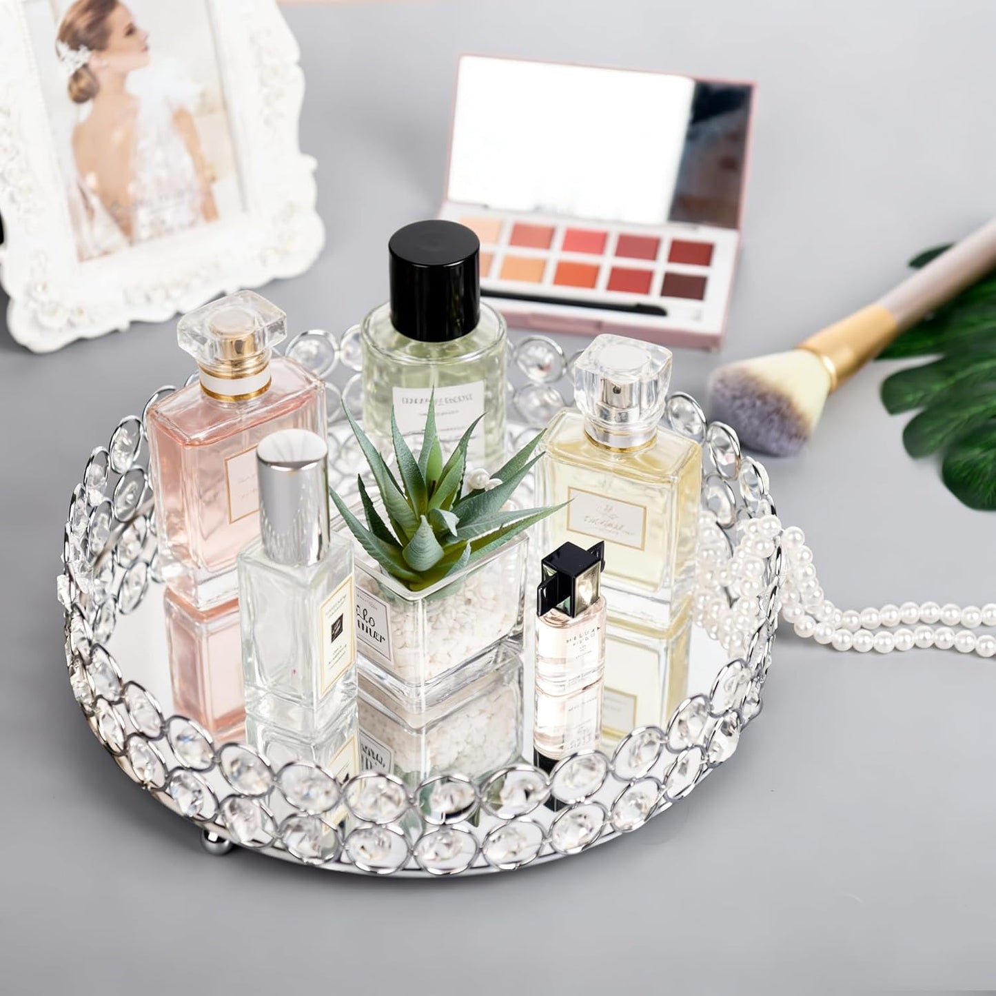 Crystal Perfume Tray Cosmetic Makeup Vanity Tray Jewelry Trinket Organizer Mirrored / Silver