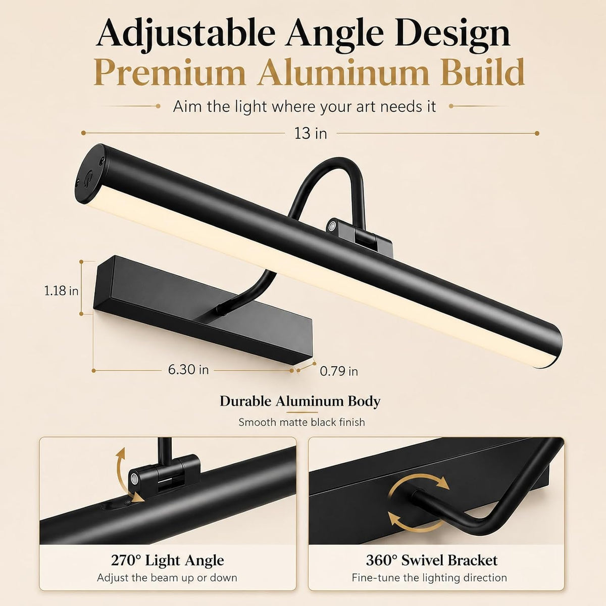 13 Inch Battery Operated Picture Light, Rechargeable, Black | Remote Touch Control, Timer, 3 Color Modes, Dimmable
