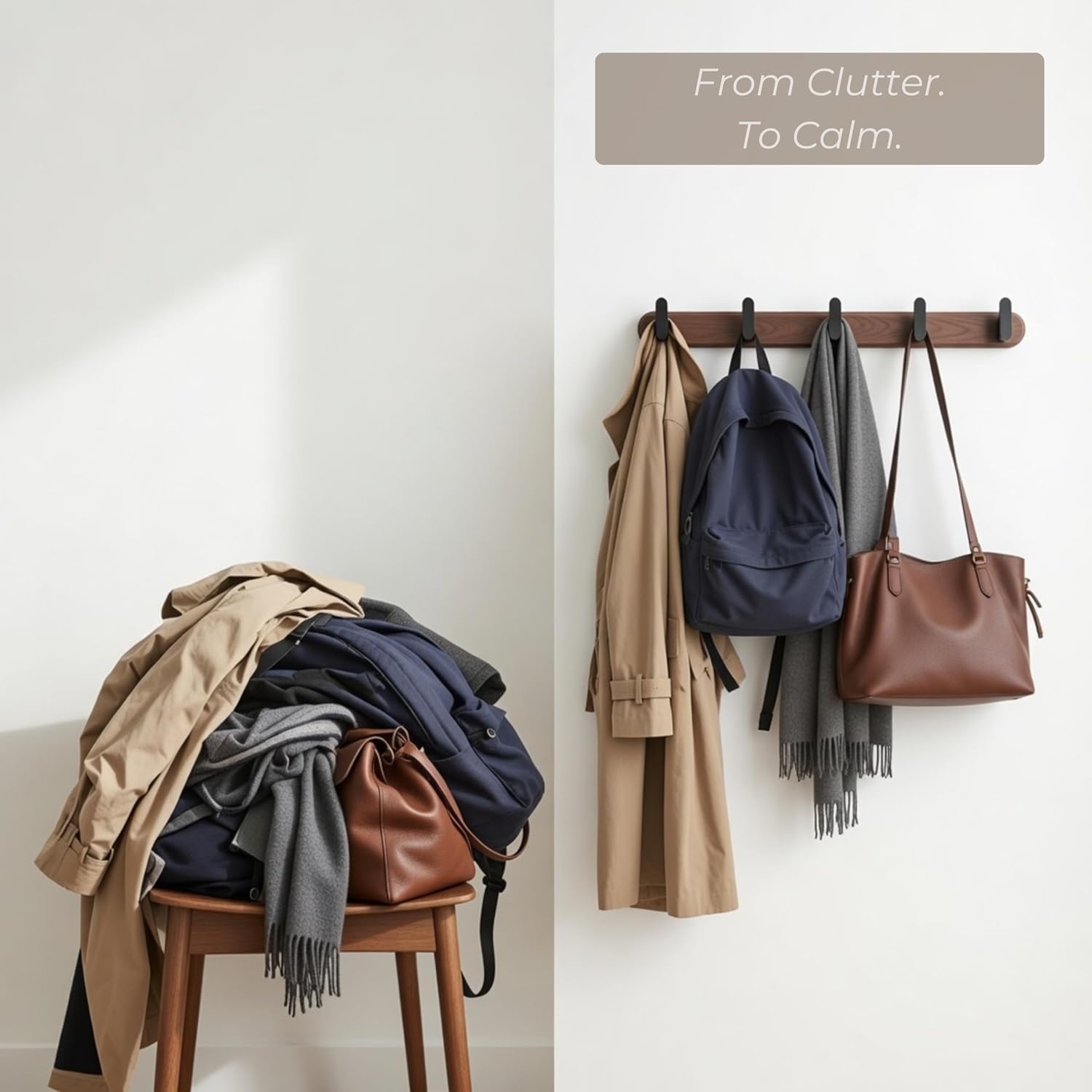 Jugen Coat Rack Wall Mount – Solid Black Walnut with 5 Heavy Duty Matte Black Hooks, Wooden Wall Coat Rack for