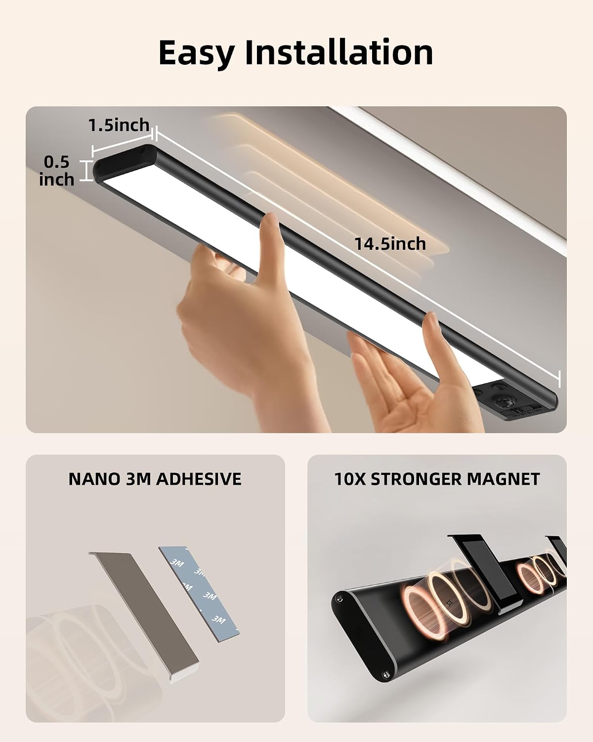 EZVALO 14.5 inch Under Cabinet Lighting, 3200mAh Rechargeable Motion Sensor Lights Indoor 3 Color Temps, Magnetic Stick