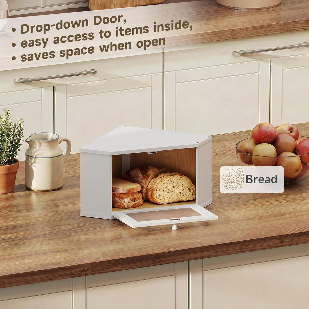 Corner Bread Box For Kitchen Countertop,Bread Storage Bin (White, Medium) | Small Bamboo Bread Container,Corner Shelf