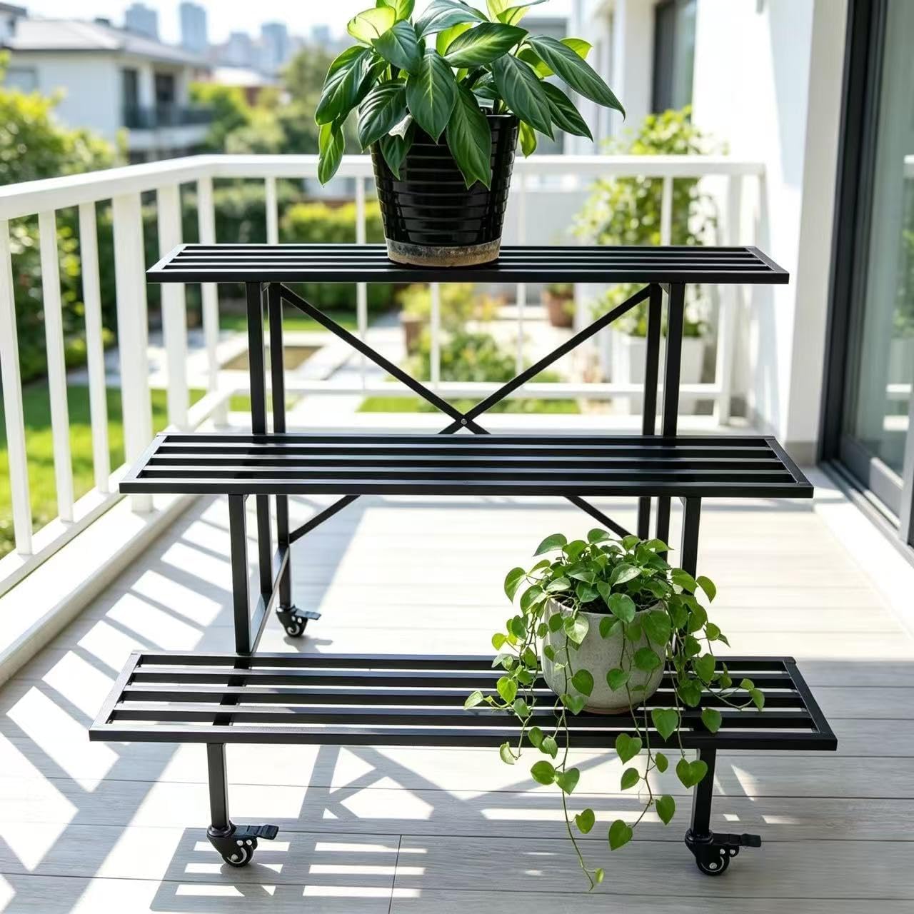 Zhongma 3 Tier Sturdy Metal Plant Stand with Wheels, L35.43 x W26 x H26 inch, Heavy Duty Plant Holder for Home Indoor