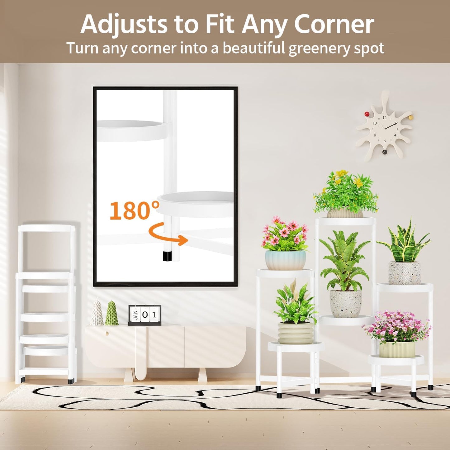 LASZOLA Plant Stand Indoor Outdoor Tall with Plastic Tray, 6 Tiers White | Corner Folding Flower Display Rack, Modern