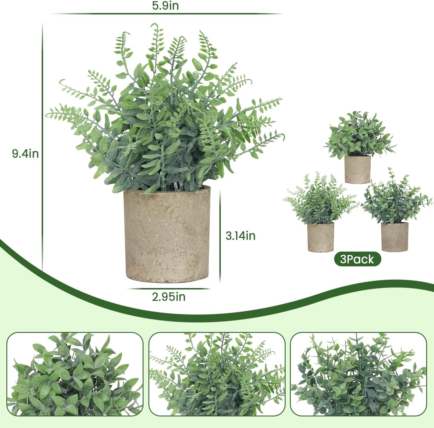 Small Fake Plants / Paper Pulp Pot - Gray / Green Eucalyptus & Boston Fern&boxwood / Set of 3