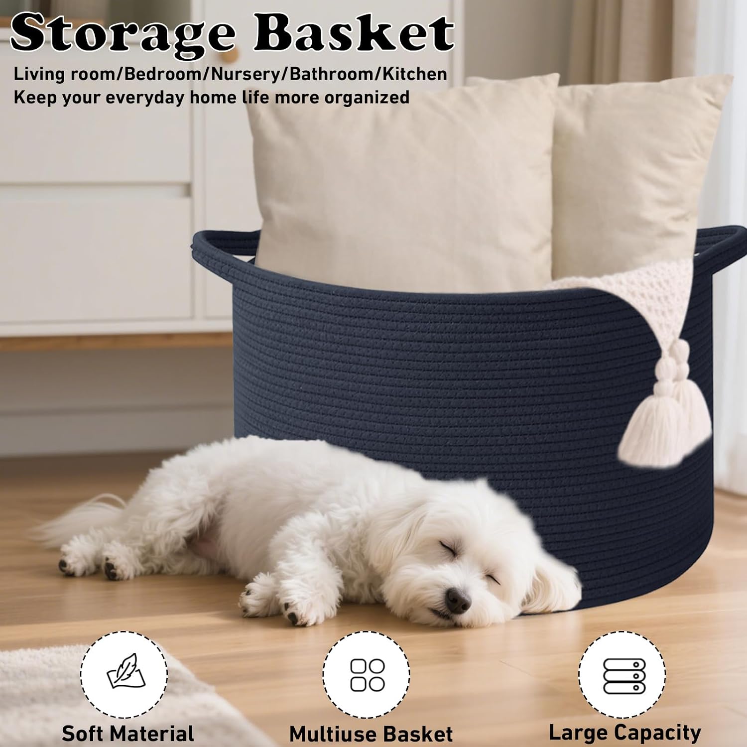 Woven Rope Laundry Basket Hamper / Dark Blue / 19.7"L x 19.7"W x 13"H