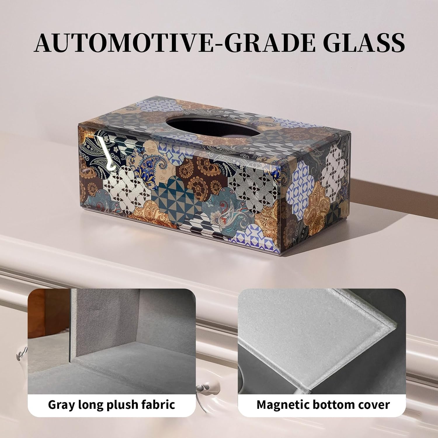Glass Tissue Box Cover -Patchwork Pattern Decorative Tissue Holder / Patchwork-blue / Rectangle