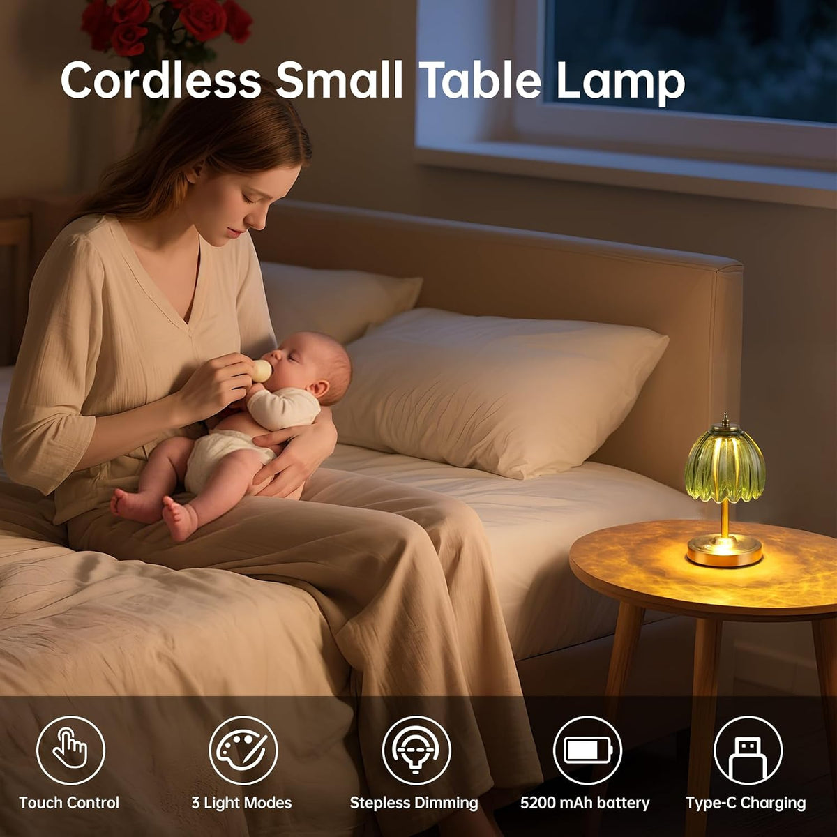 Shenmoyl Tulip Small Table Lamp, 5200mAh Cordless Touch Control Mini Table Lamp with 3 Color Temps & Stepless Dimming