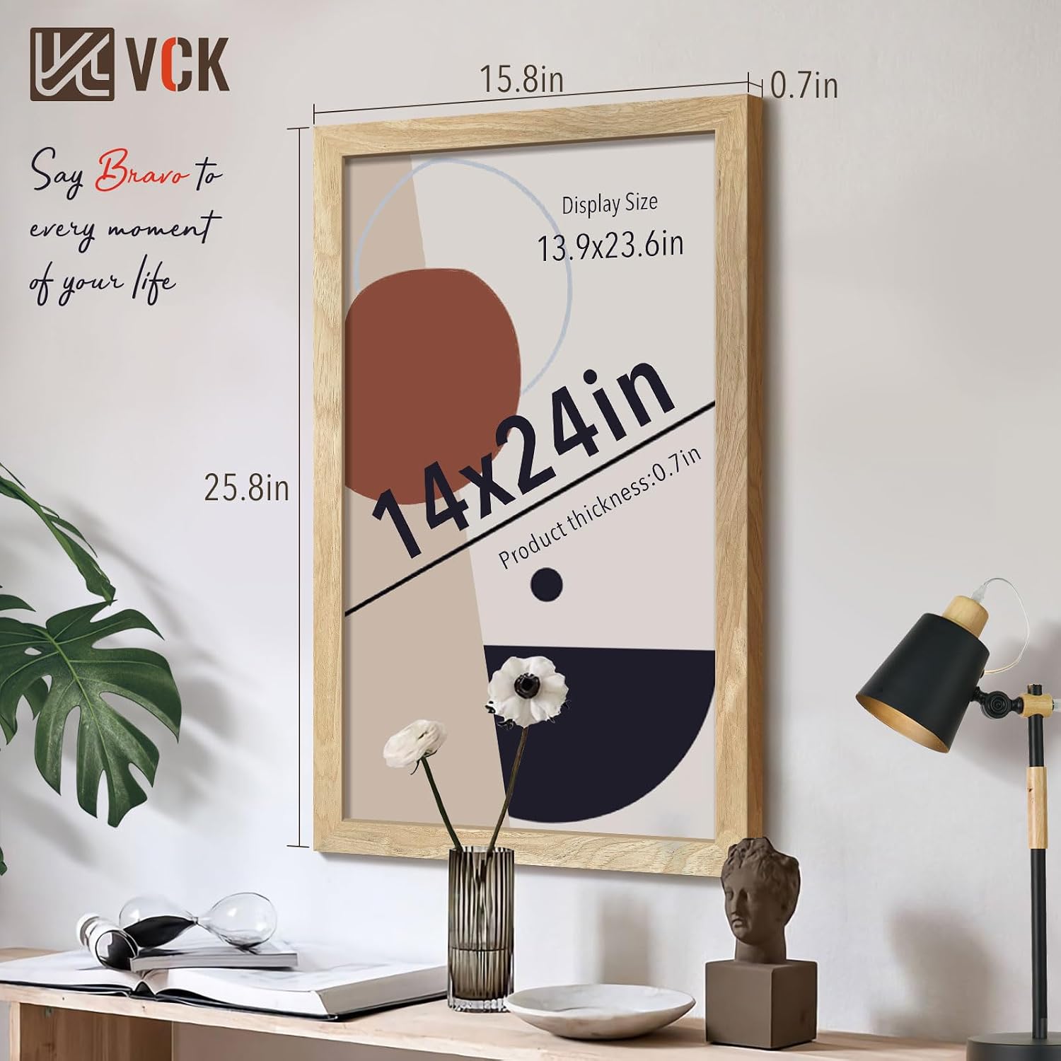 VCK 14x24 Picture Frame Set of 3, Natural Solid Wood, Wall Hanging | Wide Border, Light Woodgrain, Shatterproof