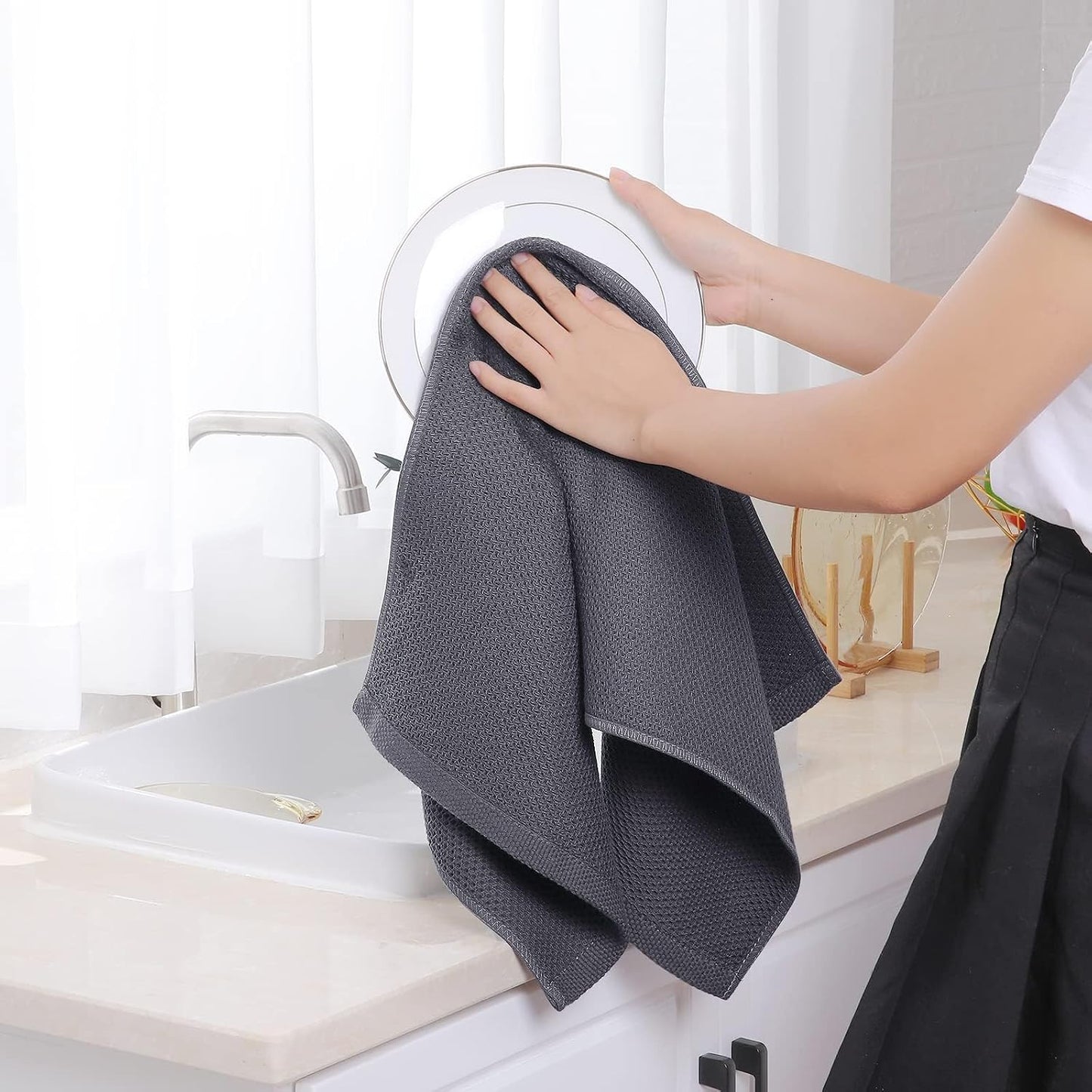Homaxy 100% Cotton Waffle Weave Kitchen Dish Towels 12-Pack, Dark Grey | 13 x 28 Inches, Ultra Soft Absorbent Dish