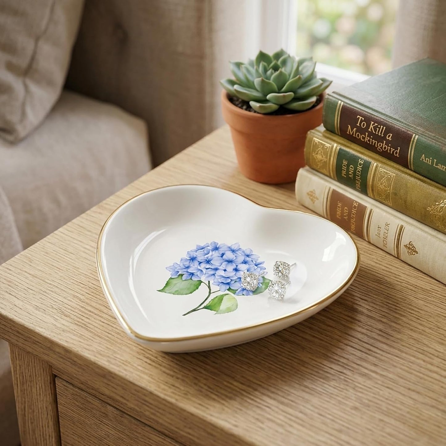 Hydrangea Flower Ring Dish Heart Shaped Ceramic Jewelry Tray Watercolor Floral Trinket Dish / Blue