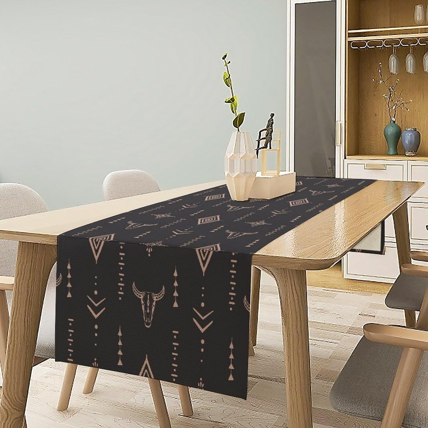Western Cow Skull Table Runner,Vintage Western Boho Style Aztec Cow Ethnic Background Minimalist Pattern Printed Linen