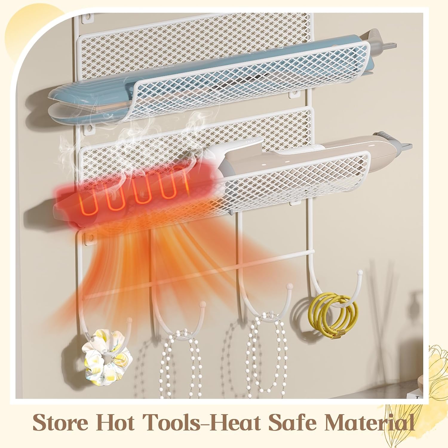 Wall-Mounted Hair Dryer Holder Styling Tool Organizer 4-Shelf Storage Wire Basket with Hook Heat Safe Rack for