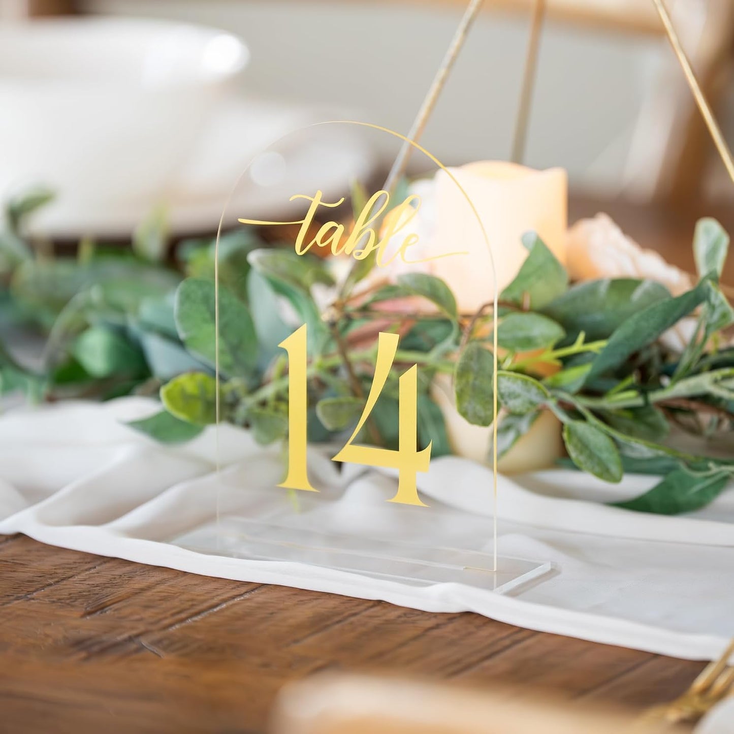 Clear Arch Acrylic Table Numbers for Wedding Reception - 5" x 7" Gold Font Centerpiece Set with Holder Stands & Head