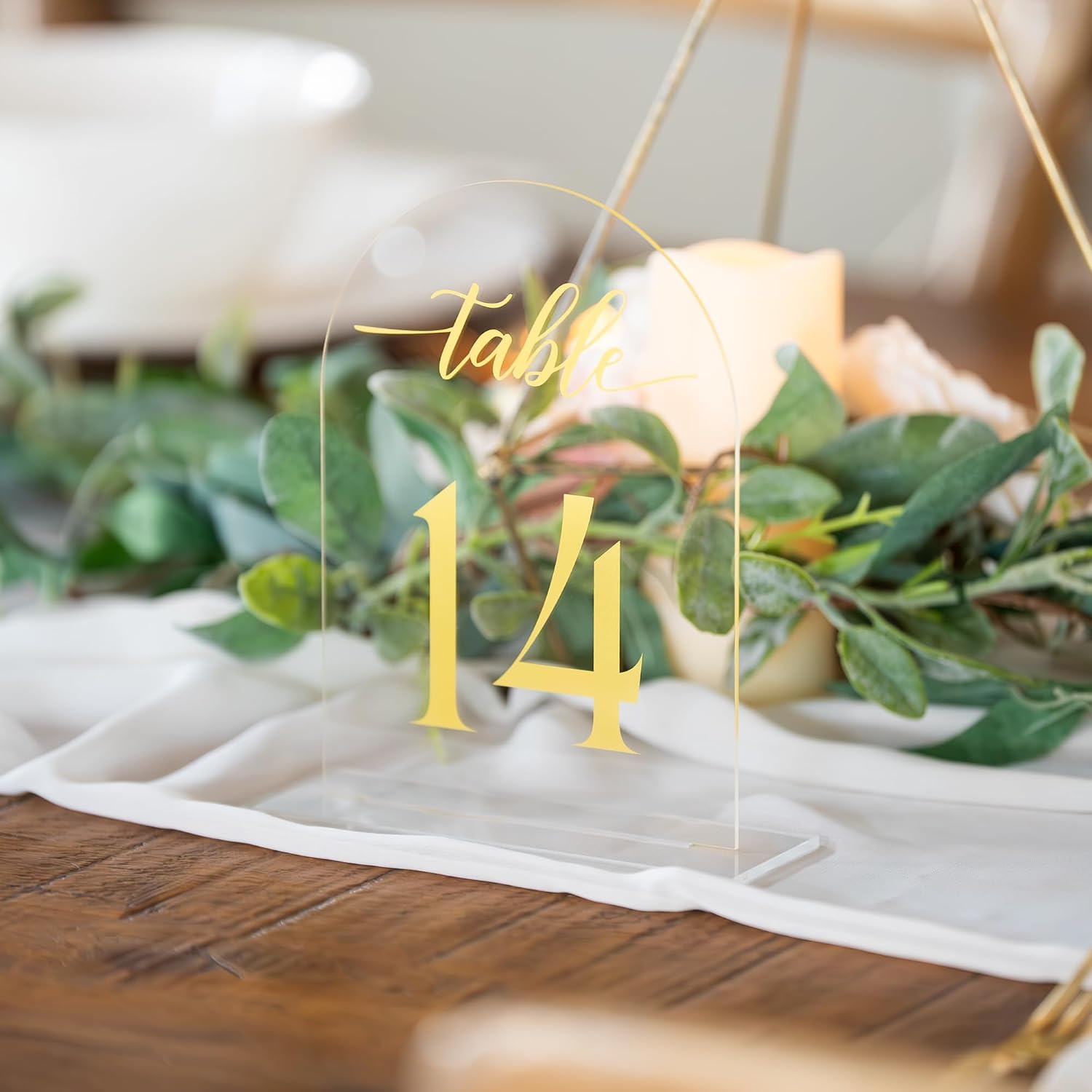 Clear Arch Acrylic Table Numbers for Wedding Reception - 5" x 7" Gold Font Centerpiece Set with Holder Stands & Head