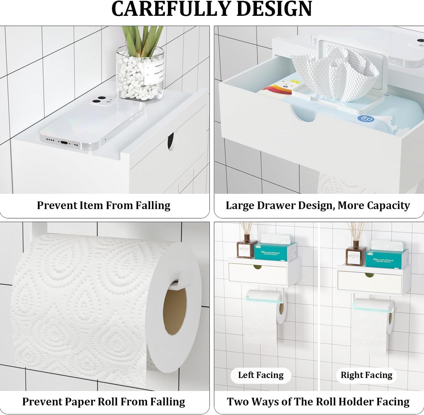 Domax White Toilet Paper Holder with Shelf,Wall Mount/Adhesive Bathroom Toilet Paper Holder,Bamboo Wood Tissue Toilet