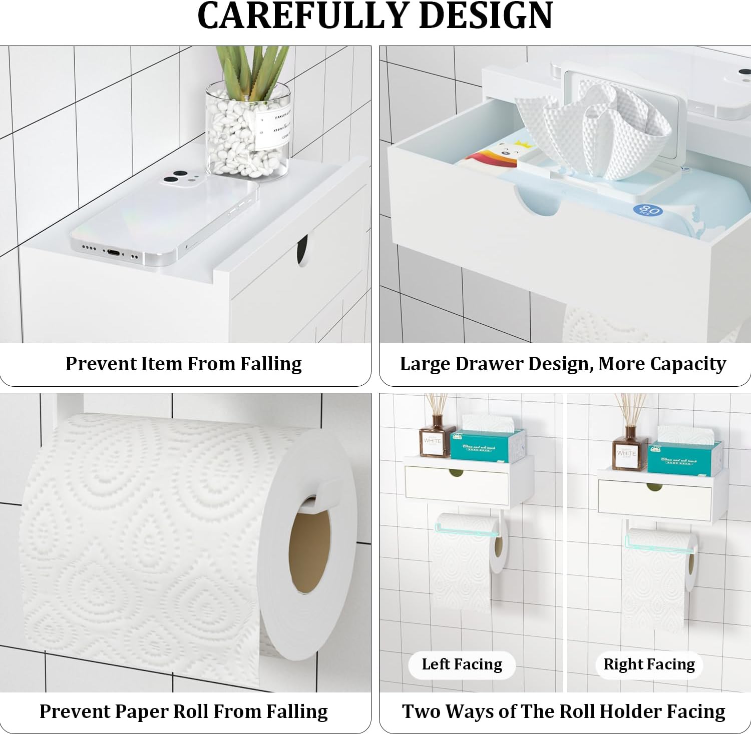 Domax White Toilet Paper Holder with Shelf,Wall Mount/Adhesive Bathroom Toilet Paper Holder,Bamboo Wood Tissue Toilet
