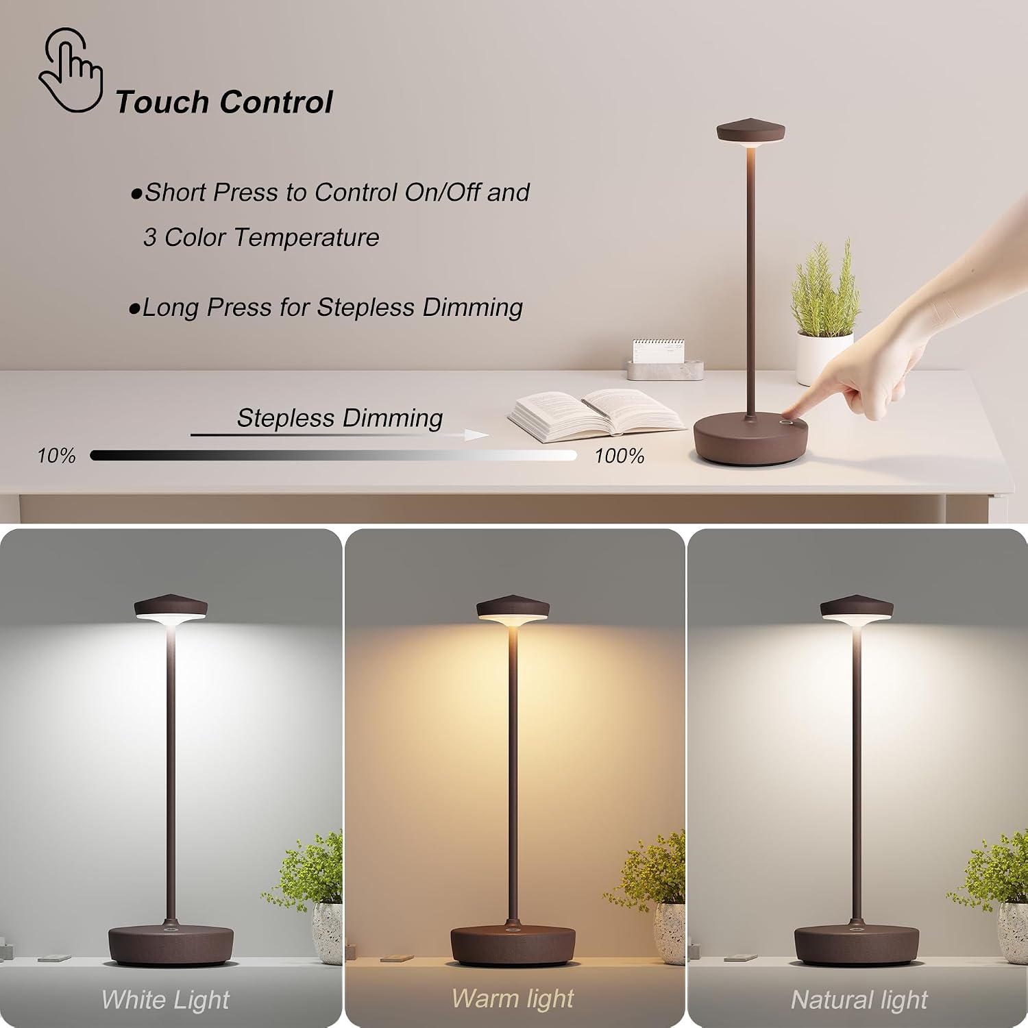 TBBGA Cordless Table Lamp Rechargeable 2 Pack, 5000mAh Battery Table Light | LED, 3 Color Temperatures, Stepless