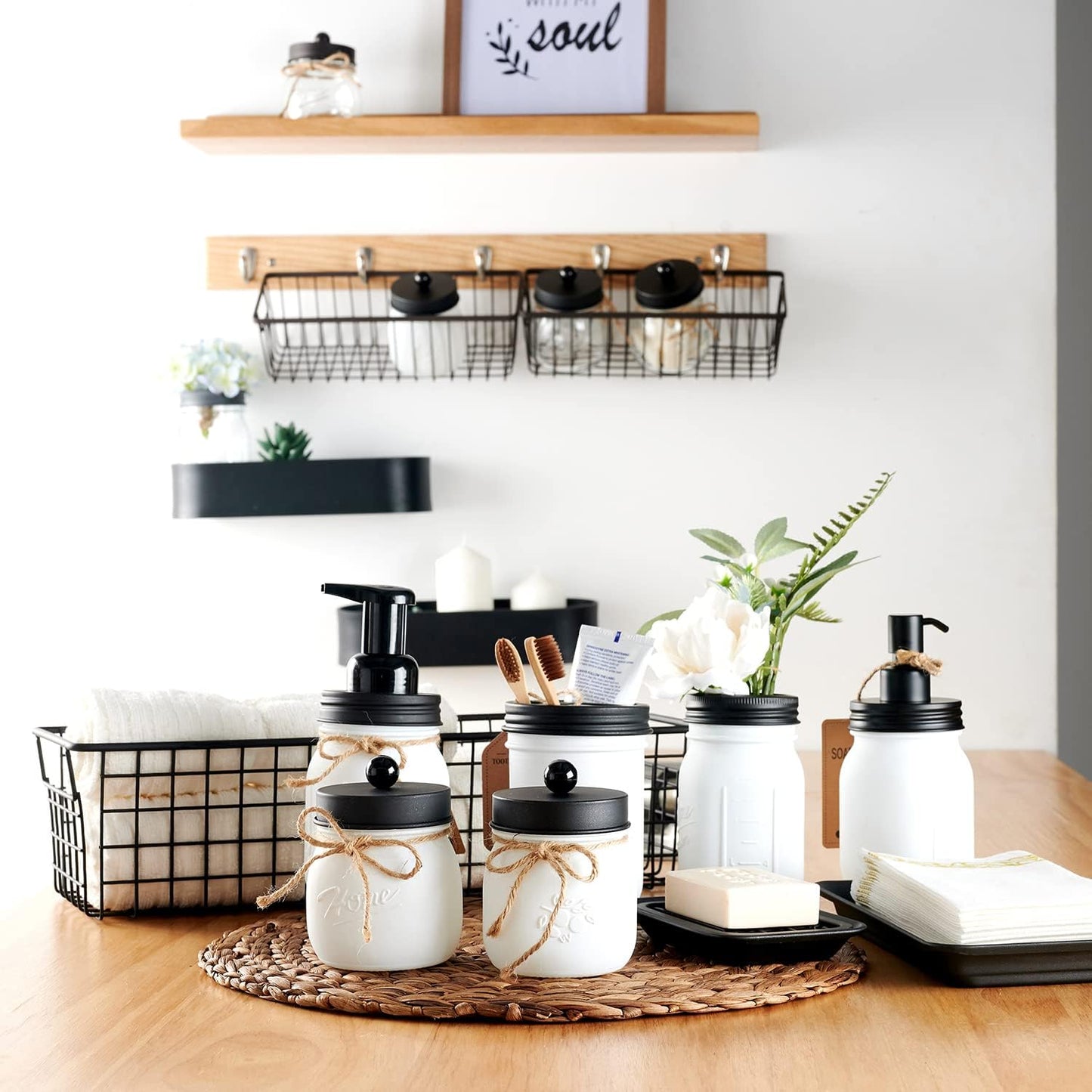 SheeChung Mason Jar Bathroom Accessories Set,6Pcs Rustic Bathroom Set,White | Glass Bathroom Accessory Set, Soap