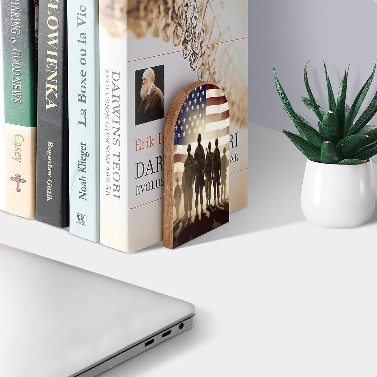 Soldiers American Flag Book Ends Decorative Wood Bookends
