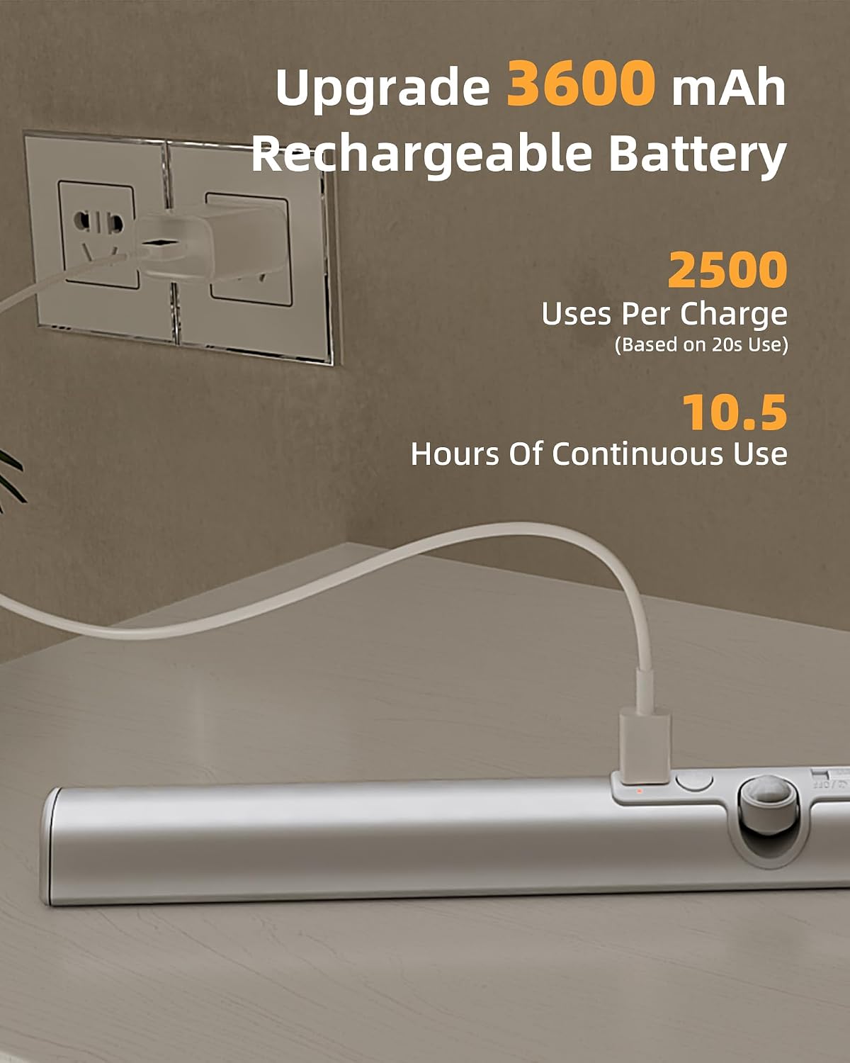 EZVALO 17in LED Motion Sensor Closet Light with Rotatable Sensor | 3600mAh Rechargeable Battery, 180 Lumens, No-Glare